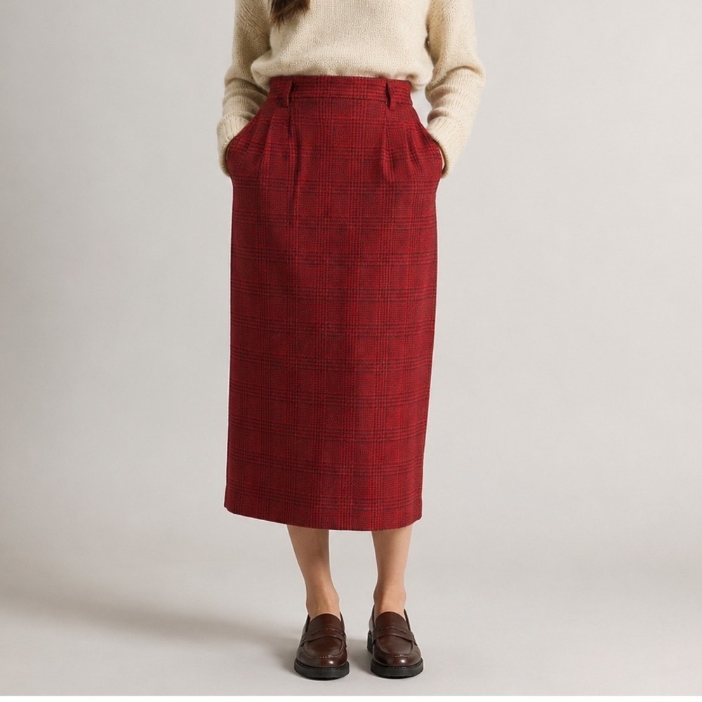 Vintage Woolrich Red Glen Plaid Wool Midi Skirt High Waist Heritage Preppy